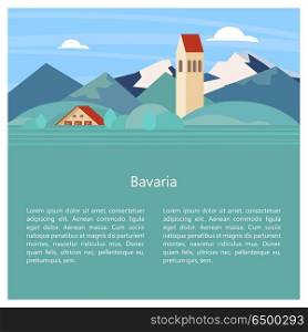 Bavaria. Vector illustration.. Bavaria, Germany. Beautiful landscapes, traditional architecture of Bavaria. Castles, villages, mountains, fields. Postcards, logos, emblems with space for text.