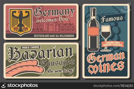 Bavarian sausages, German wines and coat of arms with black eagle. Traditional German cuisine food, drinks and famous places. Welcome to Germany and Bavaria, travel vintage cards. Germany travel, traditional sausages and wines