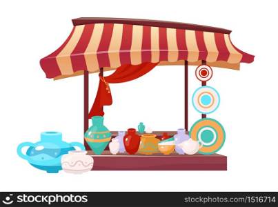 Bazaar awning with handmade ceramics cartoon vector illustration. Eastern marketplace tent flat color object. Outdoor fair canopy with handcrafted earthenware, clay crockery isolated on white
