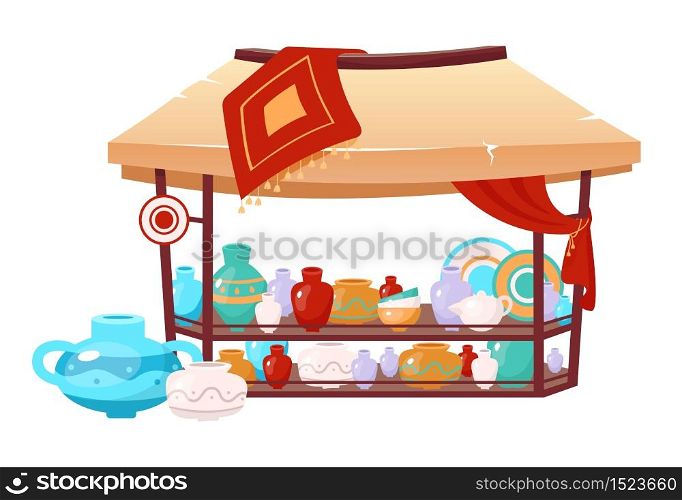 Bazaar awning with handmade earthenware cartoon vector illustration. Egypt, Istanbul marketplace tent selling pottery flat color object. Outdoor fair canopy with handcrafted ceramics isolated on white