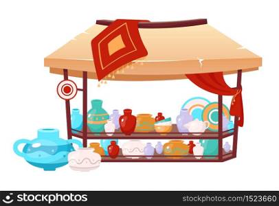 Bazaar awning with handmade earthenware cartoon vector illustration. Egypt, Istanbul marketplace tent selling pottery flat color object. Outdoor fair canopy with handcrafted ceramics isolated on white