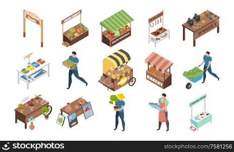 Bazaar icons set with market sale symbols isometric isolated vector illustration