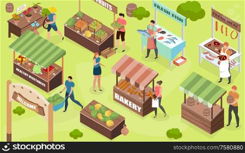 Bazaar isometric composition with outdoor view of market stalls selling food and goods with human characters vector illustration