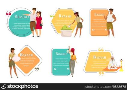 Bazaar sellers flat color vector character quotes set. Oriental fair. Asian marketplace for tourist advertising. Citation blank frame template. Speech bubble. Quotation empty text box design