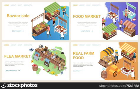 Bazaar web page isometric set with horizontal landing website backgrounds with clickable links text and images vector illustration