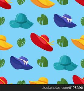 Bbeautiful women’s summer hats seamless pattern. Stylish summer female headwear. A fashion accessory for a vacation at sea in hot countries. Flat vector illustration. Bbeautiful women’s summer hats seamless pattern. Stylish summer female headwear. A fashion accessory for a vacation at sea in hot countries. Flat vector illustration.