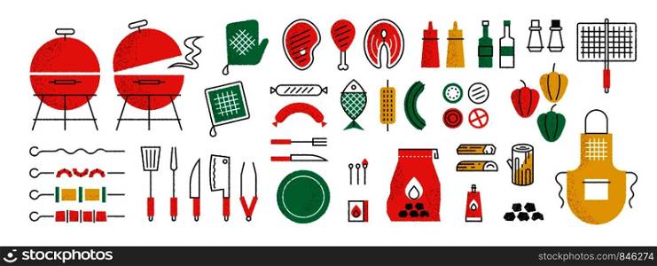 Bbq and grill icons. Summer picnic with cooking barbecue meet and kitchen equipment, sauce spatula and pork on skewer. Vector isolated cuisine grilling symbols set. Bbq and grill icons. Summer picnic with cooking barbecue meet and kitchen equipment, sauce spatula and pork on skewer. Vector set