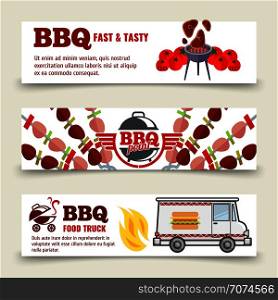 BBQ and steak horizontal banners template. Meat, barbecue and a food truck on a white background. Vector set banner illustration. BBQ and steak horizontal banners template. Meat, barbecue and a food truck on a white background