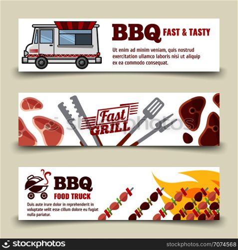 BBQ and steak horizontal banners template. Meat, burgers and barbecue icons. Vector collection illustration. BBQ and steak horizontal banners template. Meat, burgers and barbecue icons
