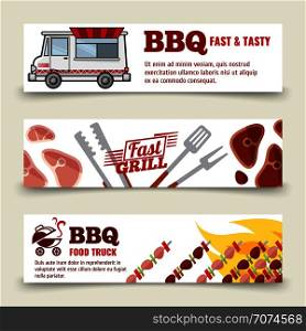 BBQ and steak horizontal banners template. Meat, burgers and barbecue icons. Vector collection illustration. BBQ and steak horizontal banners template. Meat, burgers and barbecue icons