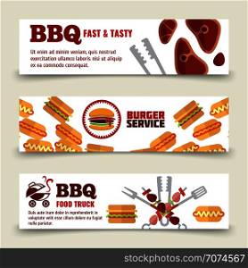 BBQ and steak horizontal banners template. Meat, burgers and barbecue icons. Vector illustration. BBQ and steak horizontal banners template. Meat, burgers and barbecue icons