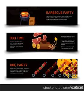 BBQ and steak horizontal banners template. Meat, coal, firewood and barbecue on a black background. Poster for barbecue party and bbq time. Vector illustration. BBQ and steak horizontal banners template. Meat, coal, firewood and barbecue on a black background