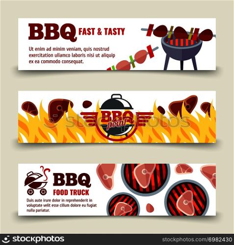 BBQ and steak horizontal banners template. Set of bbq cards. Vector illustration. BBQ and steak horizontal banners template