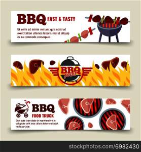 BBQ and steak horizontal banners template. Set of bbq cards. Vector illustration. BBQ and steak horizontal banners template