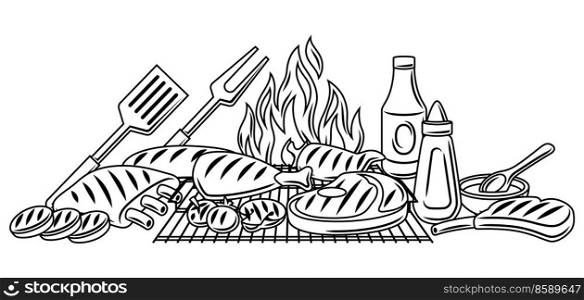 Bbq background with grill objects and icons. Stylized kitchen and restaurant menu items.. Bbq background with grill objects and icons. Stylized kitchen and restaurant items.