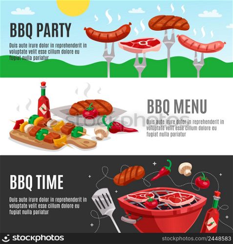 Bbq banners set with summer outdoor background meat skewers carving board and brazier with editable text vector illustration. Barbecue Menu Banners Set