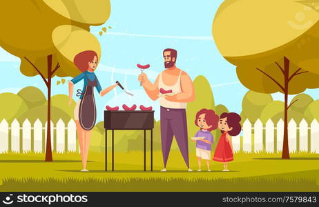 Bbq barbecue family composition with doodle characters of mom dad and their children in a backyard vector illustration