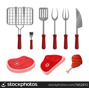 BBQ barbecue grate grille and meat types isolated icons vector. Beef pork and cooked chicken. Spatula and fork brush knife flatware for picnic outing. BBQ Barbecue Grate and Meat Vector Illustration