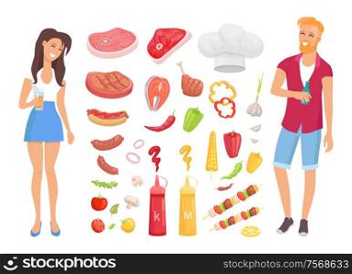 BBQ barbecue meat and vegetables isolated icons vector. Man and woman drinking beverages and smiling. Beef and pork, veggies and sausages, hot dog set. BBQ Barbecue Meat Vegetables Vector Illustration
