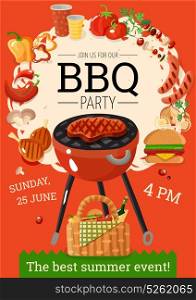 BBQ Barbecue Party Announcement Poster . Summer bbq party announcement poster with grill basket barbecue accessories food drinks orange background flat vector illustration