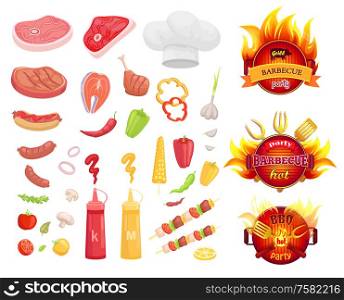 BBQ barbecue party icons set vector. Frying pan in fire and spatula with fork. Meat types and vegetables, veggies and pork, beef and roasted salmon. BBQ Barbecue Party Icons Set Vector Illustration