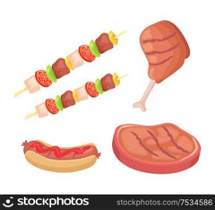 BBQ barbecue roasted meat beef and chicken isolated icons vector set. Skewer with vegetables and hot dog fresh bun with sausage and sauce ketchup. BBQ Barbecue Meat Beef Chicken Vector Illustration