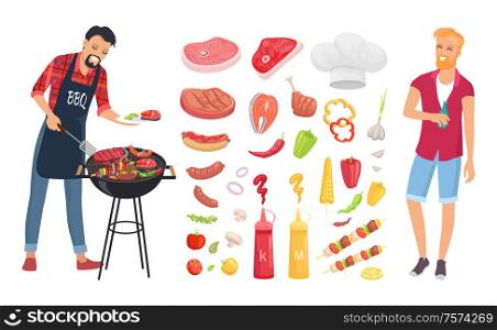 BBQ barbecue veggies and meat icons vector. Man roasting beef, pork and brochettes. Sauces ketchup and mustard, salmon and sausages, vegetables set. BBQ Barbecue Veggies Icons Set Vector Illustration