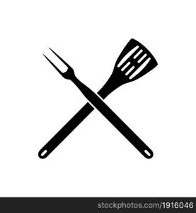 BBQ barbeque tools crossed black simple silhouette. Meat fork with spatula cross.. BBQ barbeque tools crossed