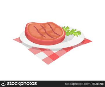 BBQ beefsteak meal on plate with herb. Condiment of beef roasted meat barbeque food served with branch of plant. Barbecue dish isolated icon vector. BBQ Beefsteak on Plate Herb Vector Illustration