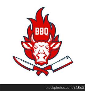 BBQ. Cow head on fire background, knife and meat cleaver. Design elements for poster, menu decoration. Vector illustration.