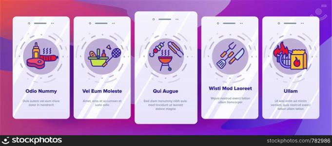 BBQ Equipment, Tools Linear Vector Icons Set. Barbecue Thin Line Contour Symbol. BBQ Cooking Onboarding Mobile App Page Screen. Outdoor Leisure, Picnic, Hiking Concept. Grill Cooking Illustration. BBQ Equipment Vector Onboarding Mobile App Page Screen