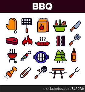 BBQ Equipment, Tools Linear Vector Icons Set. Barbecue Thin Line Contour Symbols Pack. BBQ Cooking Pictograms Collection. Outdoor Leisure, Picnic, Hiking Concept. Grill Cooking Outline Illustrations. BBQ Equipment, Tools Linear Vector Icons Set