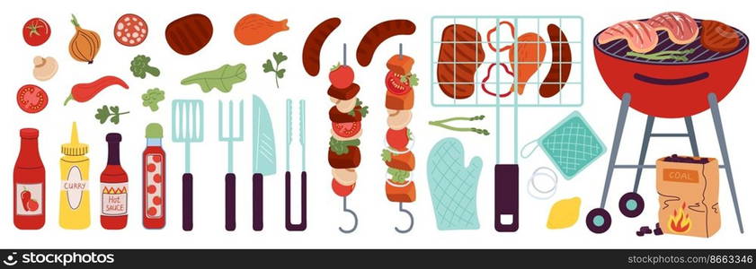 Bbq food and sauce. Picnic grill kit, steak meat sausages and vegetables. Isolated spring summer barbecue party equipment, decent vector set. Bbq grill food, meat barbecue illustration. Bbq food and sauce. Picnic grill kit, steak meat sausages and vegetables. Isolated spring summer barbecue party equipment, decent vector set