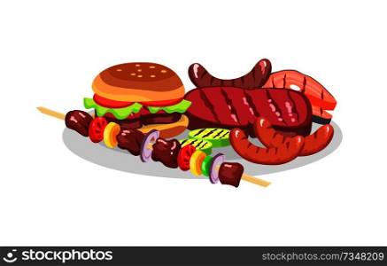 BBQ food exposition big burger and savory steaks isolated on white backdrop, fried sausages with grid stripes, skewer with barbecue and vegetables. BBQ Food exposition, Big Burger and Savory Steaks
