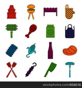 BBQ food icons set. Doodle illustration of vector icons isolated on white background for any web design. BBQ food icons doodle set