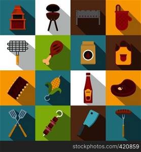 BBQ food icons set. Flat illustration of 16 BBQ food vector icons for web. BBQ food icons set, flat style