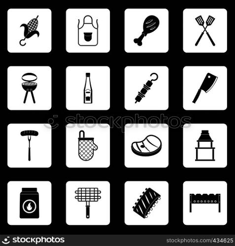 BBQ food icons set in white squares on black background simple style vector illustration. BBQ food icons set squares vector