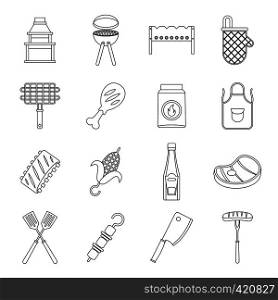 BBQ food icons set. Outline illustration of 16 BBQ food vector icons for web. BBQ food icons set, outline style