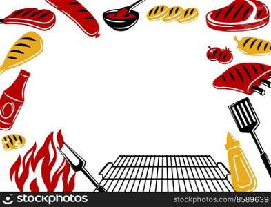 Bbq frame with grill objects and icons. Stylized kitchen and restaurant menu items.. Bbq frame with grill objects and icons. Stylized kitchen and restaurant items.
