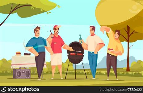 Bbq friends composition with outdoor scenery and doodle style characters group of four friends eating barbecue vector illustration