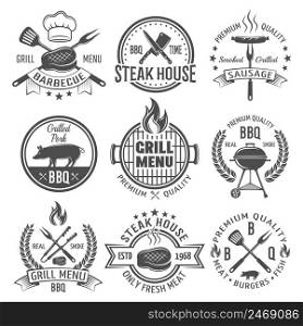 BBQ graphic flat emblems with grill tongs forks spatulas roasted meat sausage fire cap isolated vector illustration. BBQ Graphic Flat Emblems