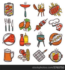 Bbq grill colored decorative icons set with barbeque and cooking utensil isolated vector illustration. Bbq Grill Colored Icons Set
