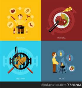 Bbq grill design concept set with fish and meat steaks cooking icon flat isolated vector illustration