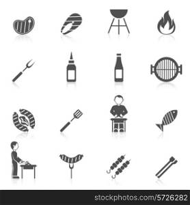 Bbq grill equipment icon black set with skewer ketchup sauce isolated vector illustration