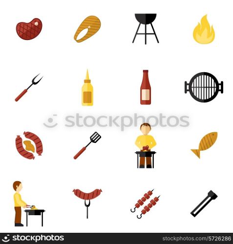 Bbq grill icon flat set with meat and fish steaks and cooking utensil isolated vector illustration