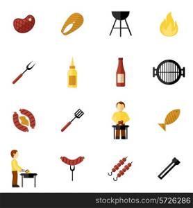 Bbq grill icon flat set with meat and fish steaks and cooking utensil isolated vector illustration