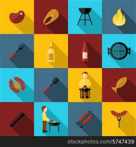 Bbq grill icon flat set with sausage fork fish party isolated vector illustration