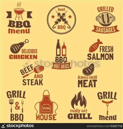 Bbq grill label best premium quality fish and meat barbeque set isolated vector illustration