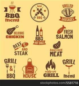 Bbq grill label best premium quality fish and meat barbeque set isolated vector illustration