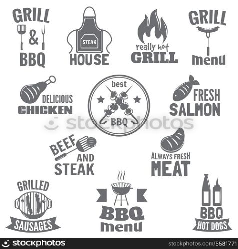Bbq grill label steak fish and meat restaurant menu set isolated vector illustration
